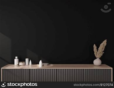 Empty black wall. Mock up interior in contemporary style. Close up view. Free, copy space for your picture, text, or another design. Sideboard, p&as grass in vase. 3D rendering. Empty black wall. Mock up interior in contemporary style. Close up view. Free, copy space for your picture, text, or another design. Sideboard, p&as grass in vase. 3D rendering.