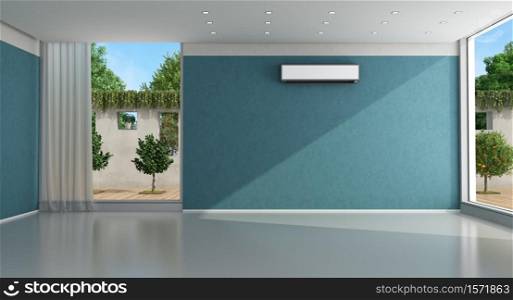 Empty blue home interior with air conditioner and garden on background - 3d rendering. Empty blue home interior with air conditioner