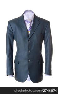 Empty blue office suit. Also lilac shirt, necktie and golden clip. Isolated over white