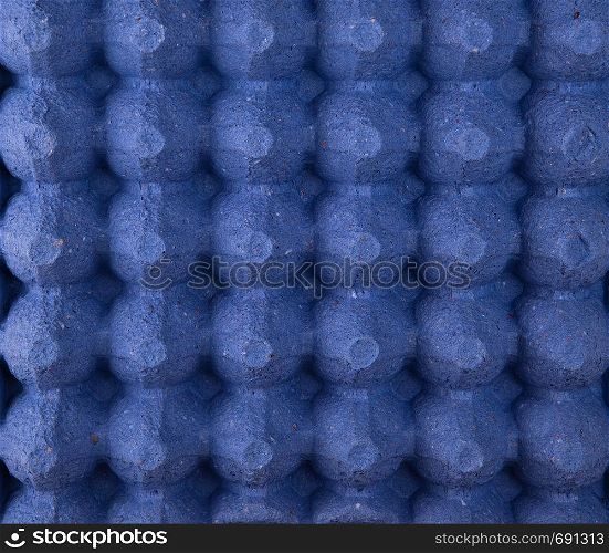empty blue protective tray for raw chicken eggs with cells, full frame, close up