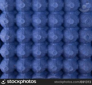 empty blue protective tray for raw chicken eggs with cells, full frame, close up