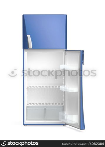 Empty blue refrigerator on white background, front view