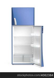Empty blue refrigerator on white background, front view
