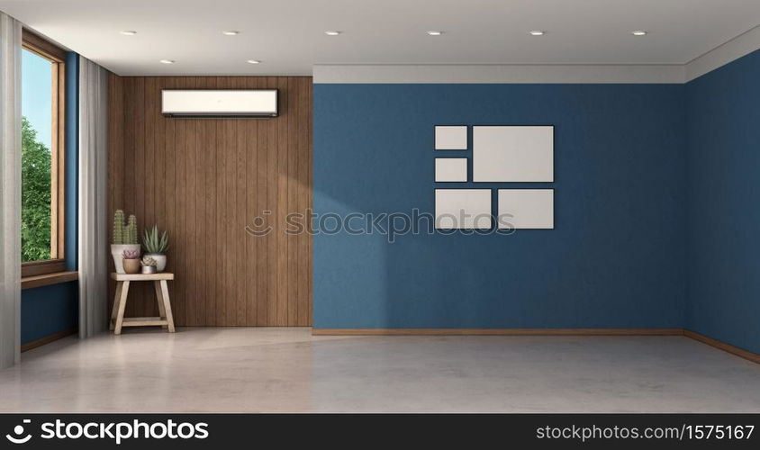 Empty blue room with air conditioner on a wooden panel- 3d rendering. Empty blue room with air conditioner