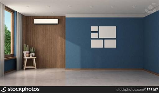 Empty blue room with air conditioner on a wooden panel- 3d rendering. Empty blue room with air conditioner