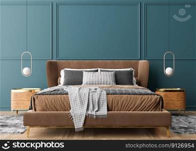 Empty blue wall in modern and cozy bedroom. Mock up interior in contemporary style. Free space, copy space for your picture, text, or another design. Bed, l&s. 3D rendering. Empty blue wall in modern and cozy bedroom. Mock up interior in contemporary style. Free space, copy space for your picture, text, or another design. Bed, l&s. 3D rendering.