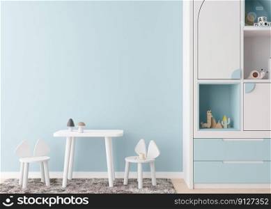 Empty blue wall in modern child room. Mock up interior in contemporary, scandinavian style. Copy space for your artwork, picture or poster. Table with chairs, toys. Cozy room for kids. 3D rendering. Empty blue wall in modern child room. Mock up interior in contemporary, scandinavian style. Copy space for your artwork, picture or poster. Table with chairs, toys. Cozy room for kids. 3D rendering.