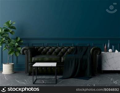 Empty blue wall in modern living room. Mock up interior in classic style. Free space, copy space for your picture, text, or another design. Leather sofa, plant, sideboard. 3D rendering. Empty blue wall in modern living room. Mock up interior in classic style. Free space, copy space for your picture, text, or another design. Leather sofa, plant, sideboard. 3D rendering.