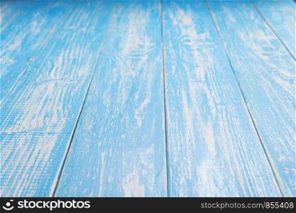 empty blue wooden table in front, plank board background texture surface