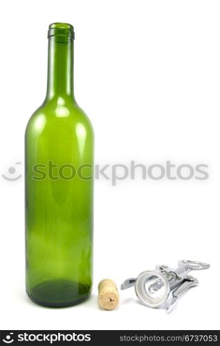 empty bottle of wine with corkscrew on white background