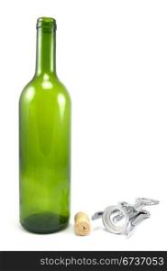 empty bottle of wine with corkscrew on white background