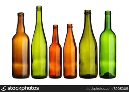 Empty bottles in a row isolated over white background