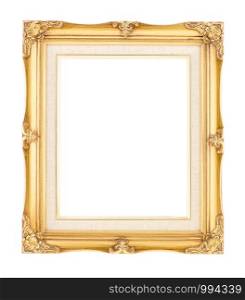 Empty bright gold gilded wood with inner canvas vintage frame on white background.