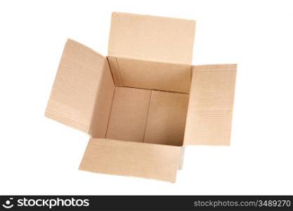 Empty cardboard boxes with lids open isolated on white background