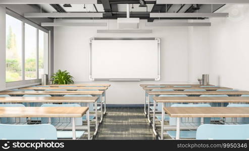 Empty classroom or presentation room interior with desks, chairs and whiteboard, 3d rendering