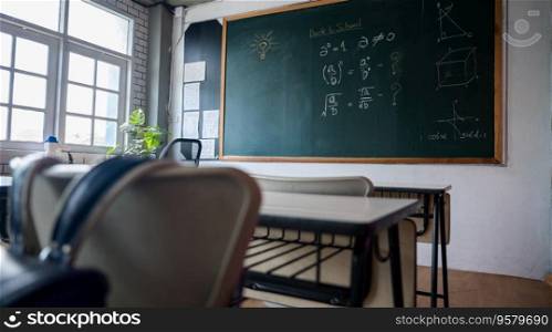 Empty classroom with chairs elementary school desks and chalkboard, Interior of a school class room with table and blackboard at high school, Education Institution in the daytime