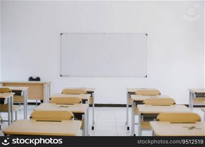 Empty Classroom without student with desks, chairs and whiteboard 