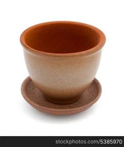 Empty clay flower pot with saucer isolated on white