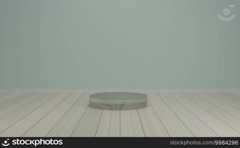 Empty clear crystal glass cylinder stage mockup on wooden floor room, 3D render illustration 