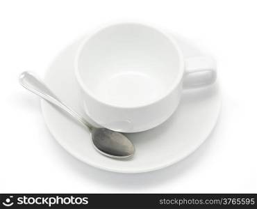 Empty coffee cup and spoon Isolated on white background