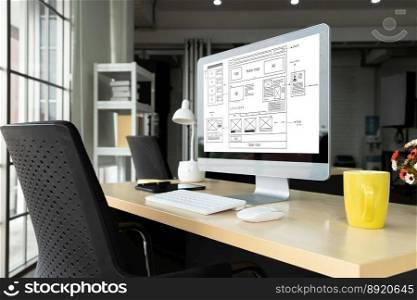 Empty computer monitor screen for design mock up template in modern small office∫erior or home office. Stylish workplace for creative occupation.