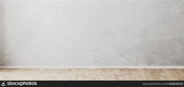 Empty concrete wall background, empty room with gray decorative plastic wall and wooden floor, panorama, 3d rendering
