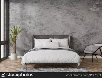 Empty concrete wall in modern and cozy bedroom. Mock up interior in contemporary, loft style. Free space, copy space for your picture, text, or another design. Bed, plant, armchair. 3D rendering. Empty concrete wall in modern and cozy bedroom. Mock up interior in contemporary, loft style. Free space, copy space for your picture, text, or another design. Bed, plant, armchair. 3D rendering.