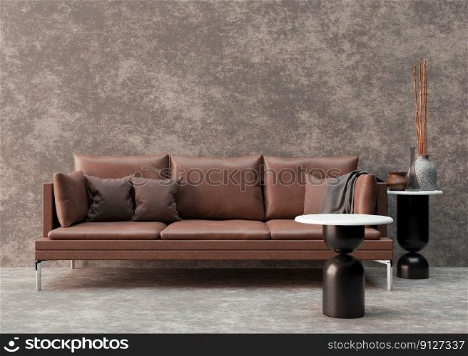 Empty concrete wall in modern living room. Mock up∫erior in minimalist sty≤. Free space,©space for yourπcture, text, or another design. Brown≤ather sofa. 3D rendering. Empty concrete wall in modern living room. Mock up∫erior in minimalist sty≤. Free space,©space for yourπcture, text, or another design. Brown≤ather sofa. 3D rendering.