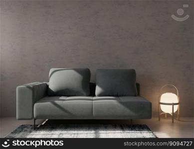 Empty concrete wall in modern living room. Mock up interior in minimalist, contemporary style. Free space, copy space for your picture, text, or another design. Gray sofa, l&, carpet. 3D rendering. Empty concrete wall in modern living room. Mock up interior in minimalist, contemporary style. Free space, copy space for your picture, text, or another design. Gray sofa, l&, carpet. 3D rendering.