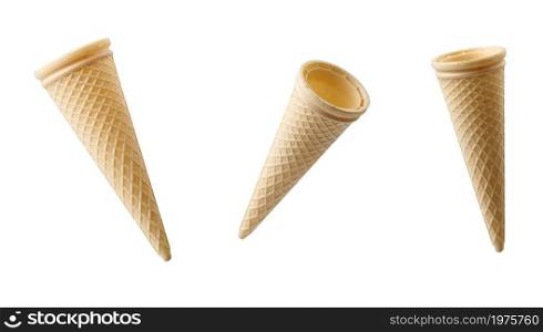 empty cone-shaped waffle cup for dessert, ice cream on white background, set