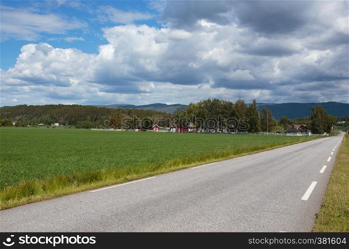 empty country road with the houses on a hills at Norway