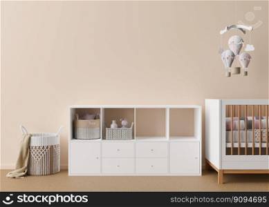 Empty cream wall in modern child room. Mock up interior in contemporary style. Free space, copy space for your picture, poster. Bed, console, toys. Cozy room for kids. 3D rendering. Empty cream wall in modern child room. Mock up interior in contemporary style. Free space, copy space for your picture, poster. Bed, console, toys. Cozy room for kids. 3D rendering.