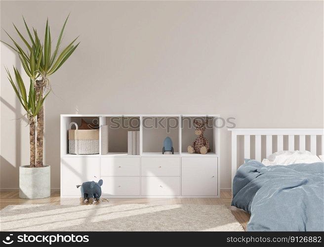 Empty cream wall in modern child room. Mock up interior in scandinavian style. Free, copy space for your picture, poster. Bed, console, plant, toys. Cozy room for kids. 3D rendering. Empty cream wall in modern child room. Mock up interior in scandinavian style. Free, copy space for your picture, poster. Bed, console, plant, toys. Cozy room for kids. 3D rendering.