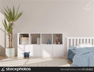 Empty cream wall in modern child room. Mock up interior in scandinavian style. Free, copy space for your picture, poster. Bed, console, plant, toys. Cozy room for kids. 3D rendering. Empty cream wall in modern child room. Mock up interior in scandinavian style. Free, copy space for your picture, poster. Bed, console, plant, toys. Cozy room for kids. 3D rendering.
