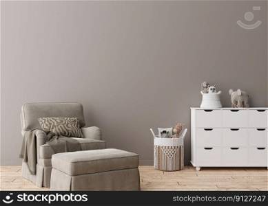 Empty cream wall in modern child room. Mock up interior in scandinavian style. Copy space for your picture or poster. Sideboard, rattan basket, armchair, toys. Cozy room for kids. 3D rendering. Empty cream wall in modern child room. Mock up interior in scandinavian style. Copy space for your picture or poster. Sideboard, rattan basket, armchair, toys. Cozy room for kids. 3D rendering.