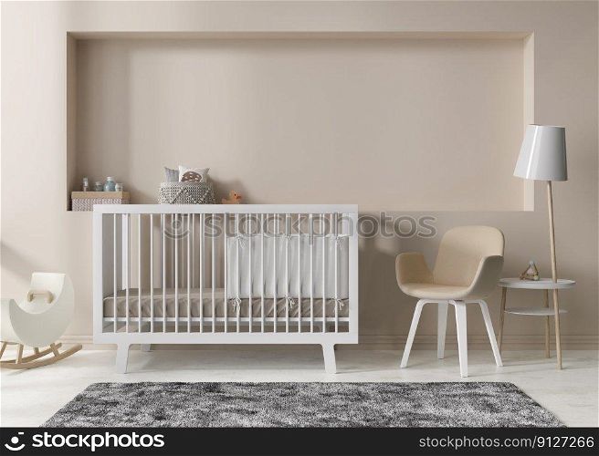 Empty cream wall in modern child room. Mock up interior in scandinavian style. Copy space for your picture or poster. Bed, toys. Cozy room for kids. 3D rendering. Empty cream wall in modern child room. Mock up interior in scandinavian style. Copy space for your picture or poster. Bed, toys. Cozy room for kids. 3D rendering.