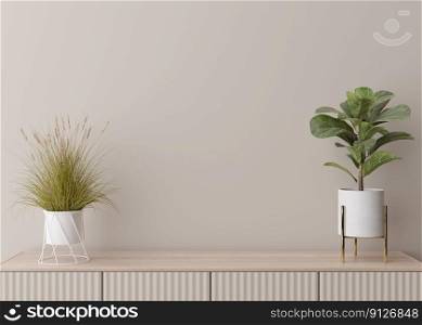 Empty cream wall. Mock up interior in contemporary style. Close up view. Free, copy space for your picture, text, or another design. Sideboard, plants. 3D rendering. Empty cream wall. Mock up interior in contemporary style. Close up view. Free, copy space for your picture, text, or another design. Sideboard, plants. 3D rendering.