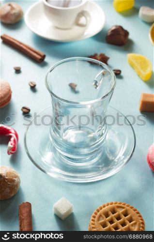 empty cup of coffee at blue background
