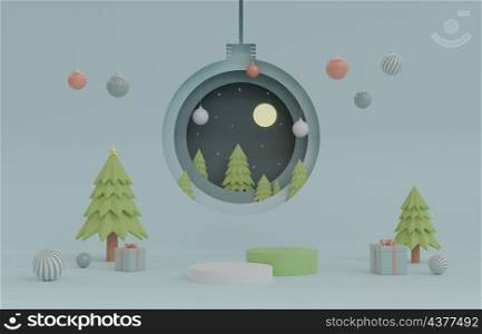 Empty cylindrical pedestal podium display with glass ball shape as window Christmas night background 3D rendering illustration