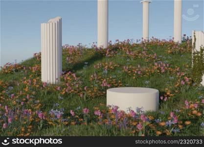 Empty cylindrical product display podium with spring flower field garden and roman pillar and clear blue sky 3D rendering illustration