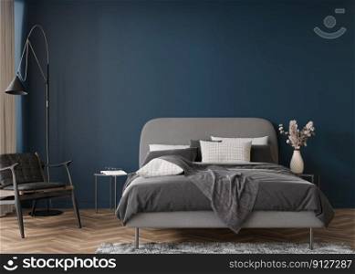 Empty dark blue wall in modern and cozy bedroom. Mock up interior in contemporary style. Free, copy space for your picture, text, or another design. Bed, vase, armchair. 3D rendering. Empty dark blue wall in modern and cozy bedroom. Mock up interior in contemporary style. Free, copy space for your picture, text, or another design. Bed, vase, armchair. 3D rendering.