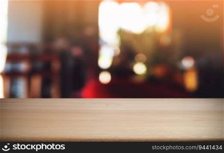 Empty dark wooden table in front of abstract blurred bokeh background of restaurant . can be used for display or montage your products.Mock up for space 