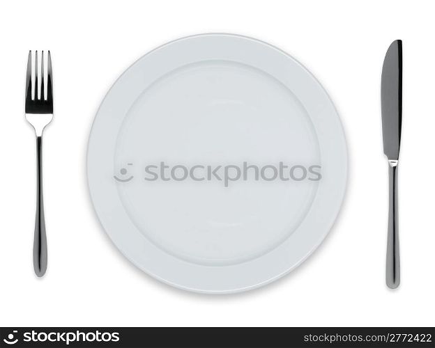 Empty dinner plate with knife and fork isolated on white