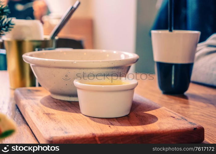 Empty dishes on table in cafe side view. Empty dishes on table in cafe