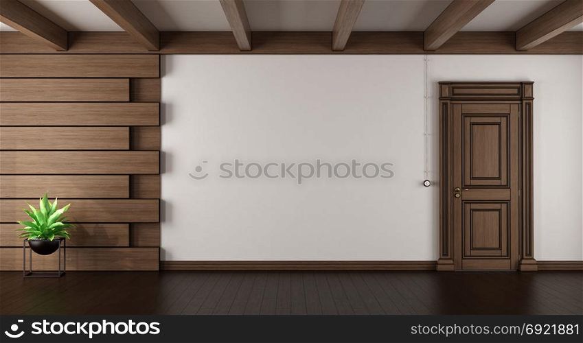 Empty elegant living room. Empty elegant living room with dark wood paneling and closed door - 3d rendering