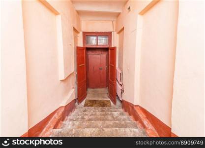 empty entrance in apartment building stairwell beige color. apartment building stairwell 