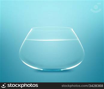 Empty fishbowl with water in front of blue background.