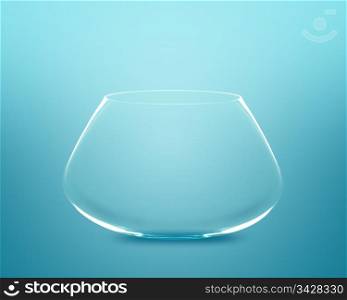 Empty fishbowl without water in front of blue background.