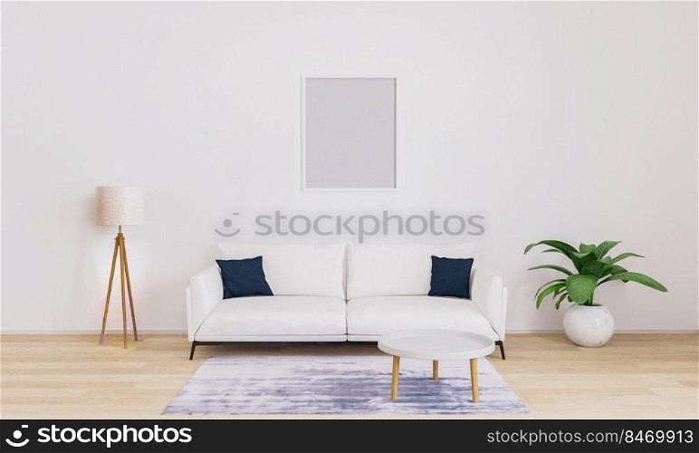 Empty frame for mockup. Bright living room with white sofa with dark blue pillows, white modern l&, plant, coffee table. Furnished living room with white wall and wooden floor. 3d illustration.