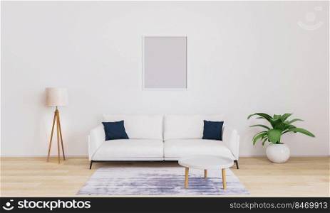 Empty frame for mockup. Bright living room with white sofa with dark blue pillows, white modern l&, plant, coffee table. Furnished living room with white wall and wooden floor. 3d illustration.